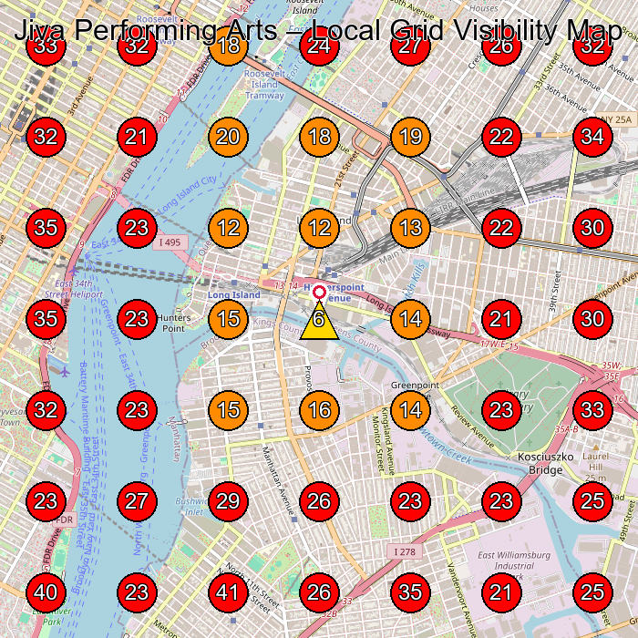 Jiva Performing Arts GeoGrid visibility map for Dance School in Queens